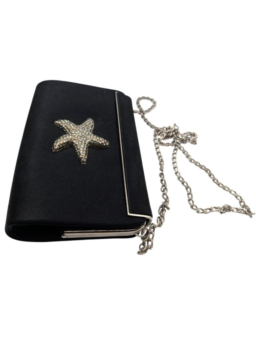Eliza Gray Starfish Crystal Embellished Black Satin Evening Bag W Silver Chain - Picture 4 of 15
